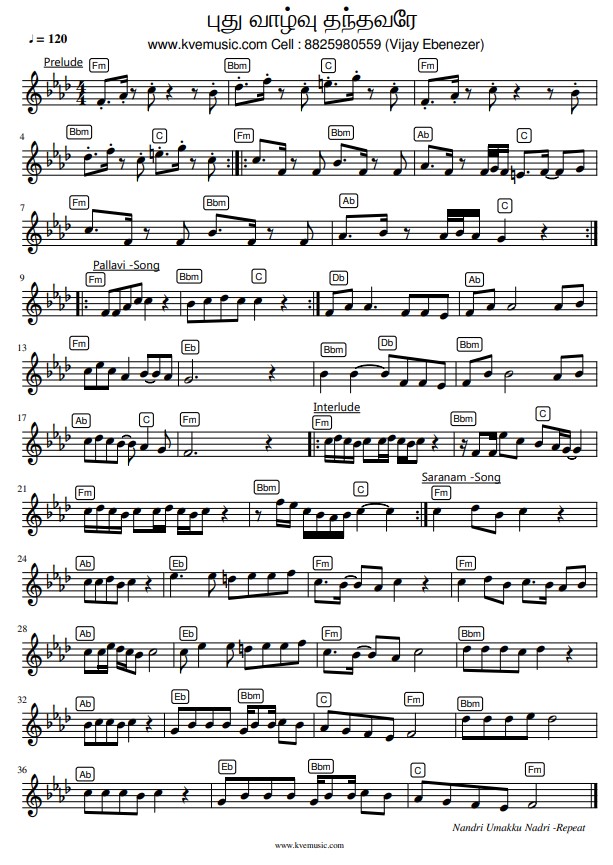 Pudhu Vazhvu Thandhavare-Pr.John Jebraj -Tamil Christian Songs Notation Notes